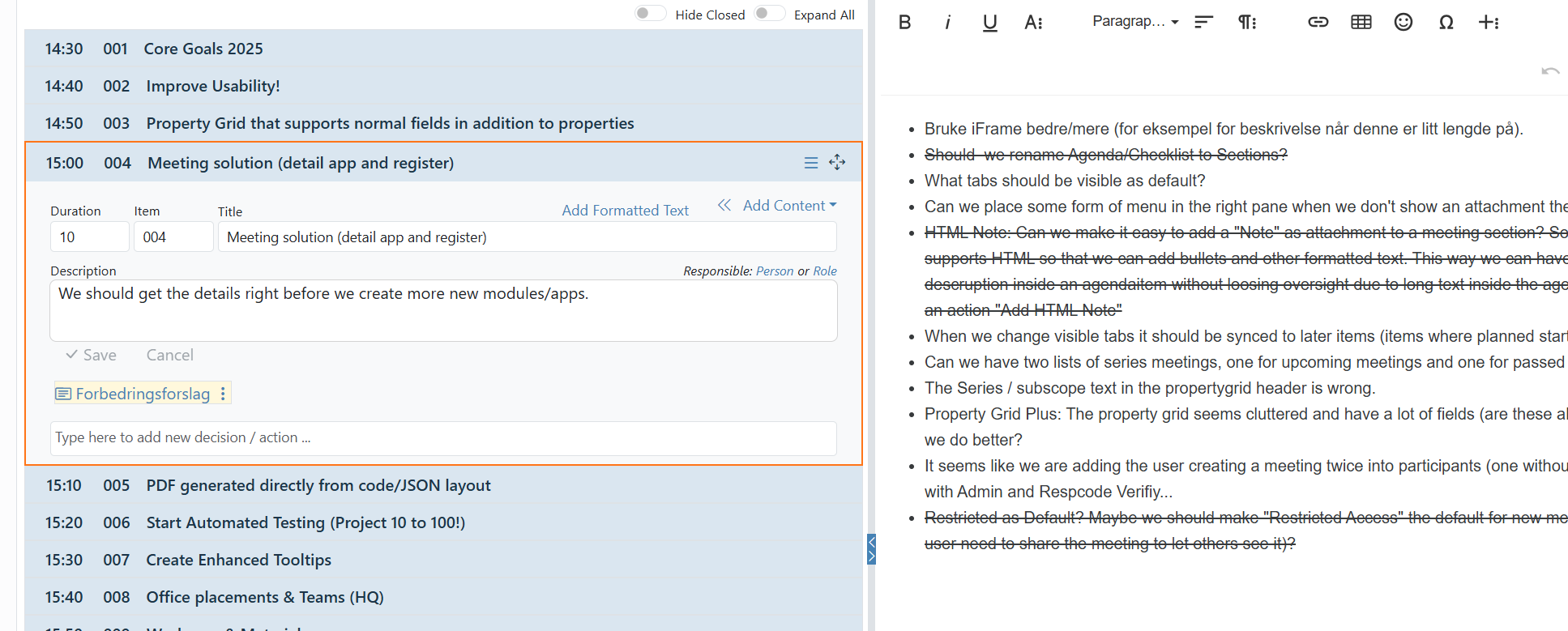 Meetings: Introducing rich text formatting